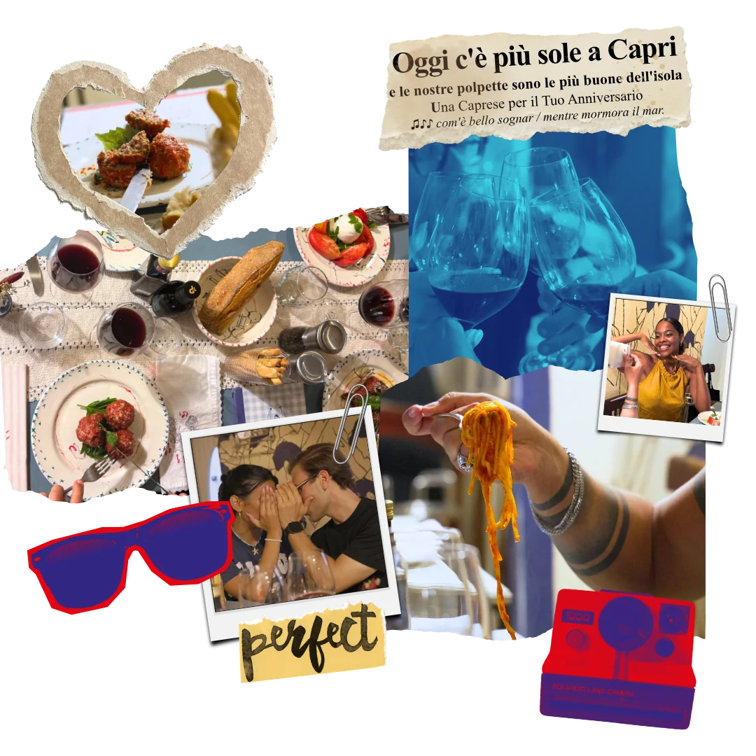 Collage del Ristorante Piccolino: amici a tavola, spaghetti, brindisi e ritagli di Capri
