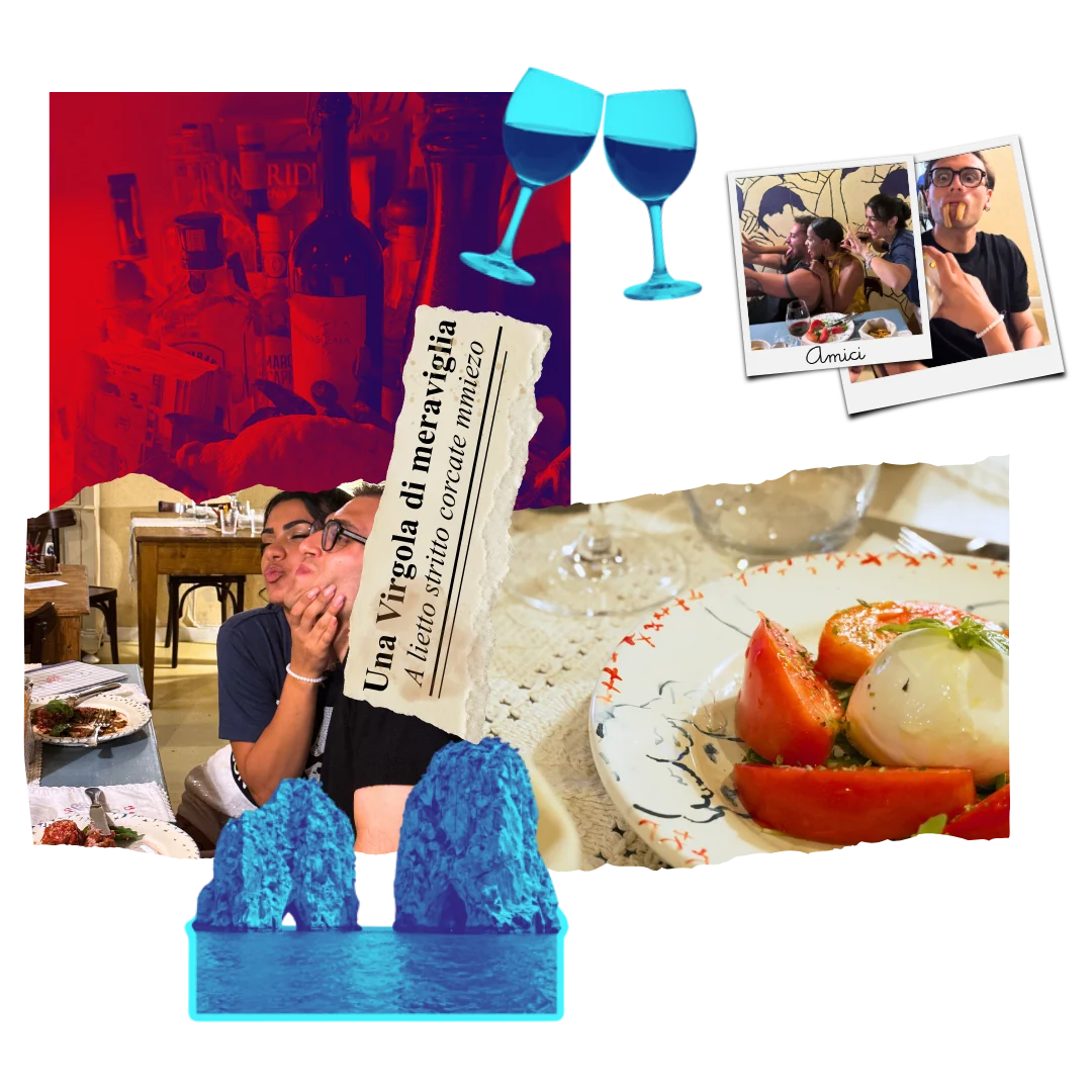 Collage del Ristorante Piccolino: amici a tavola, spaghetti, brindisi e ritagli di Capri